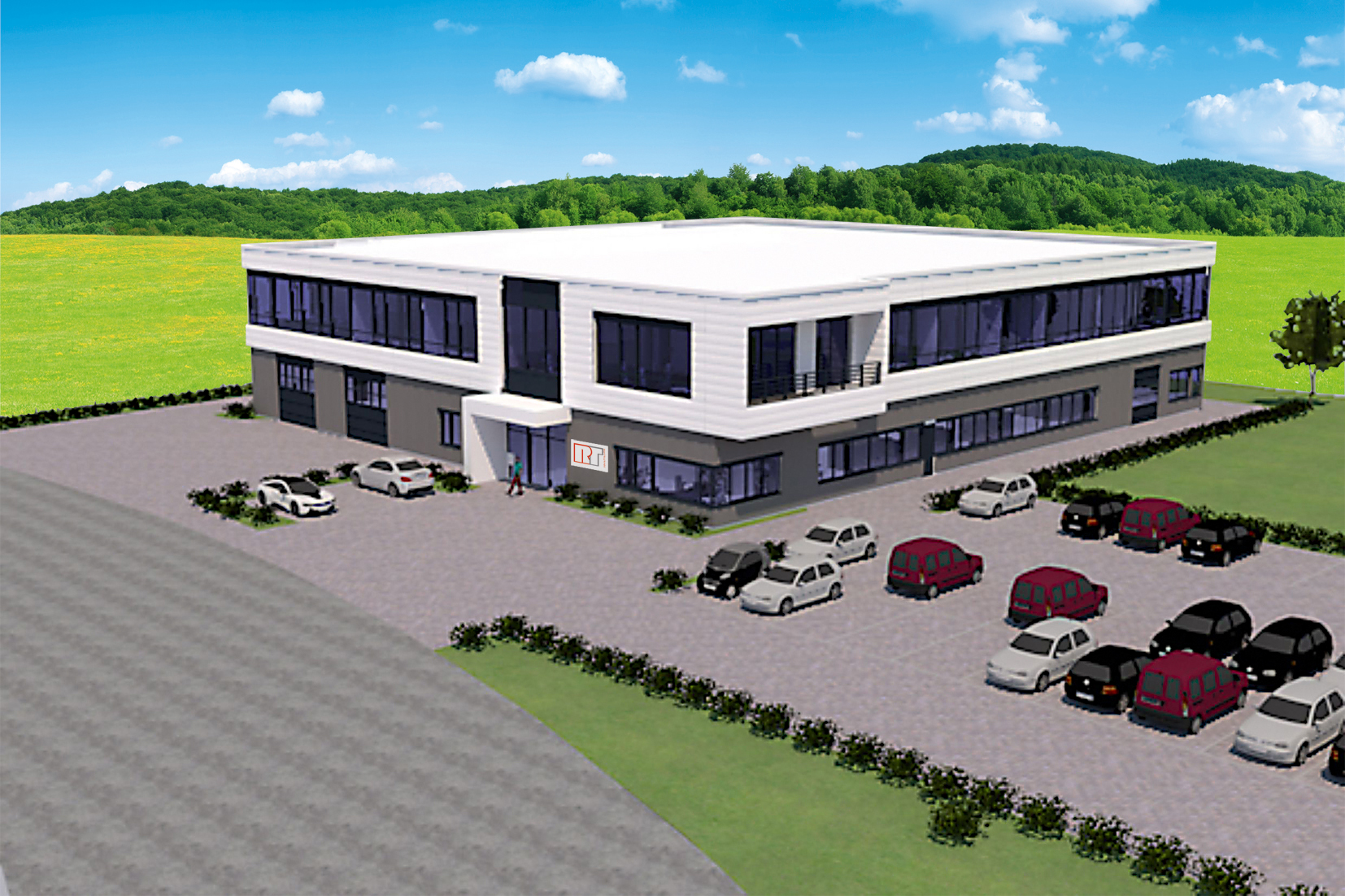 3D Rendering neue RT-Firmenzentrale Rheine Jacksonring 4 mit Wiese